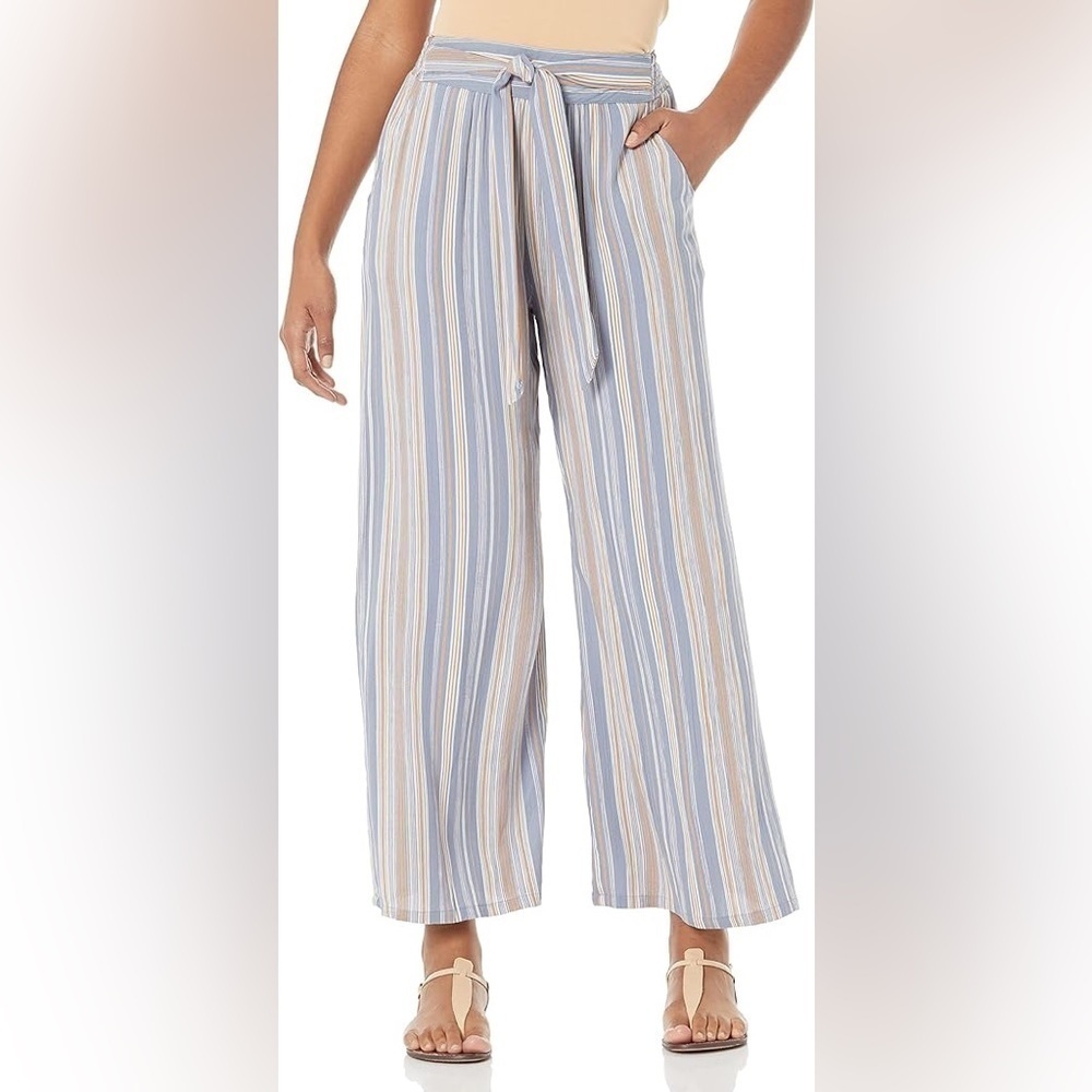 NWT ANGIE Womens Striped Wide Leg Pants with Tie Large Blue